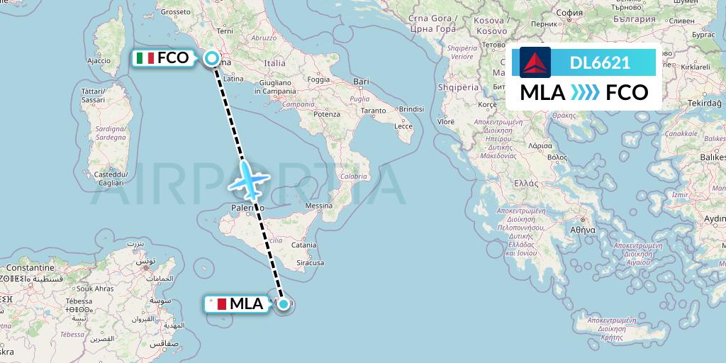 DL6621 Delta Air Lines Flight Map: Malta to Rome