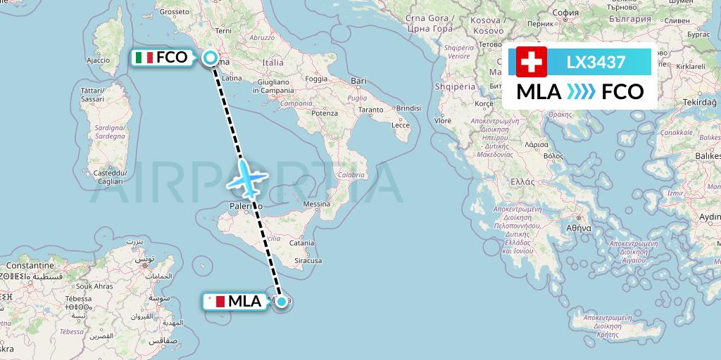 LX3437 Swiss Flight Map: Malta to Rome