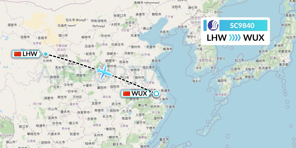 SC9840 Shandong Airlines Flight Map: Lanzhou to Wuxi