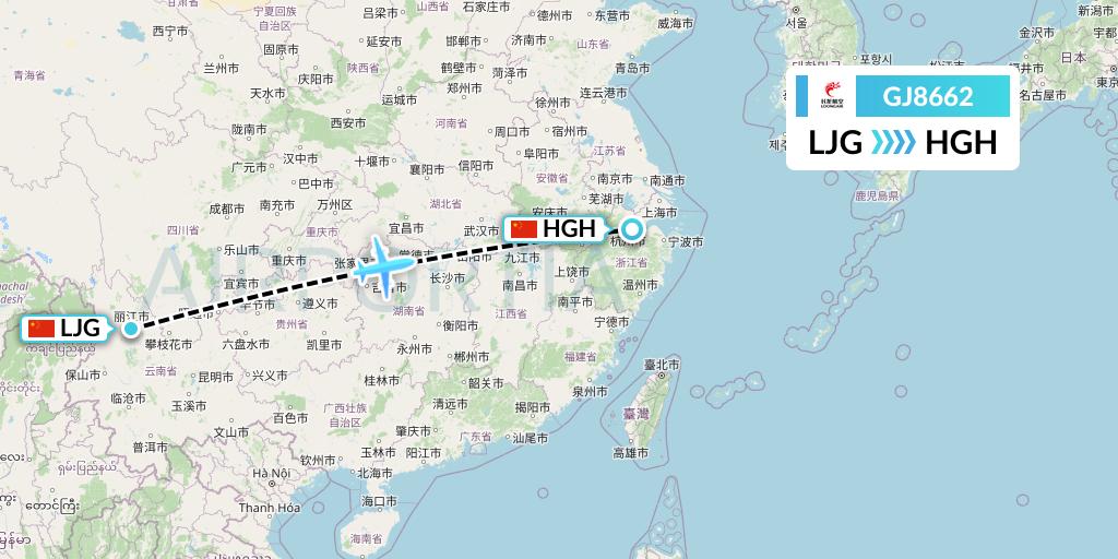 GJ8662 Loong Airlines Flight Map: Lijiang to Hangzhou