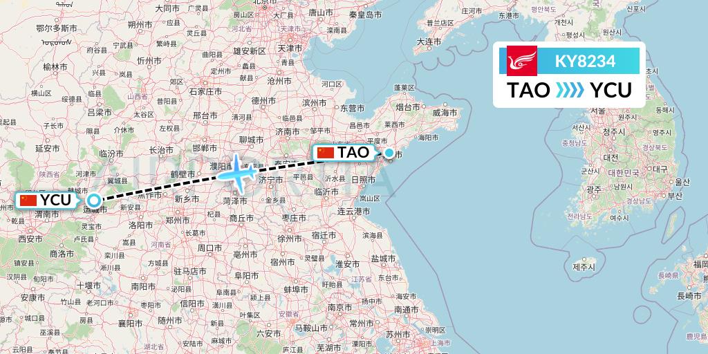 KY8234 Kunming Airlines Flight Map: Qingdao to Yuncheng