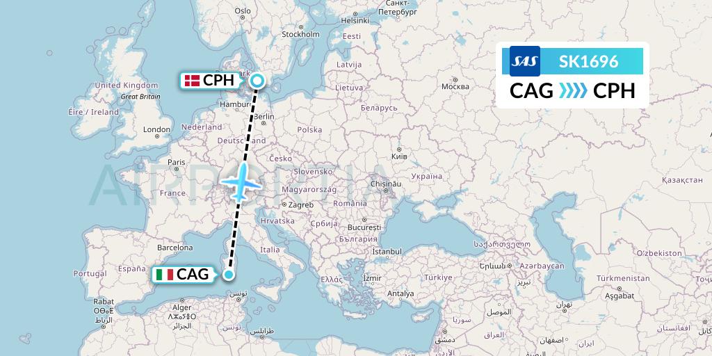 SK1696 SAS Flight Map: Cagliari to Copenhagen