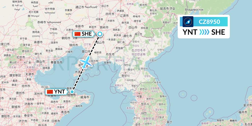 CZ8950 China Southern Airlines Flight Map: Yantai to Shenyang