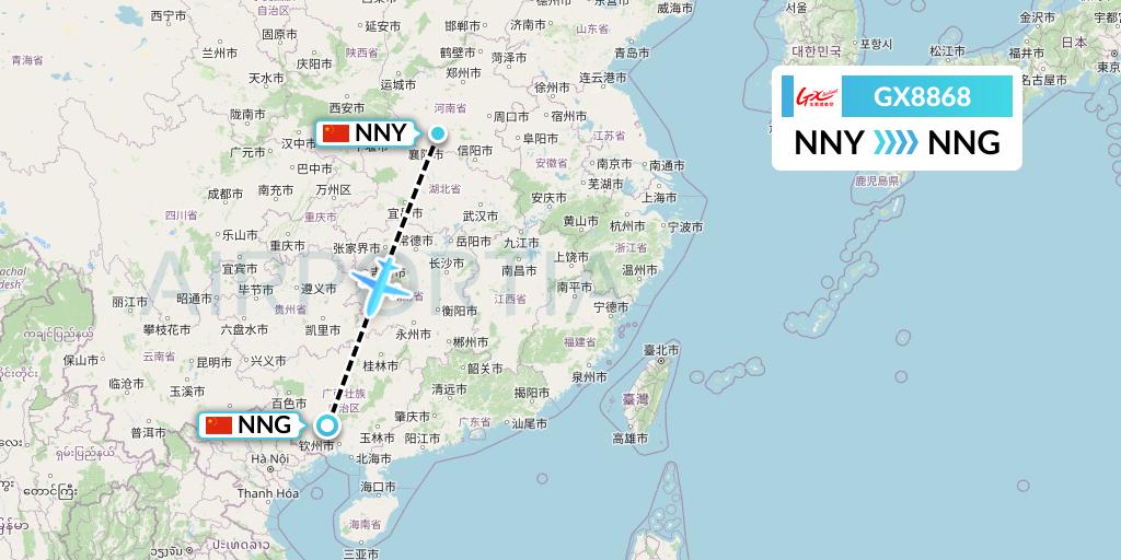 GX8868 GX Airlines Flight Map: Nanyang to Nanning
