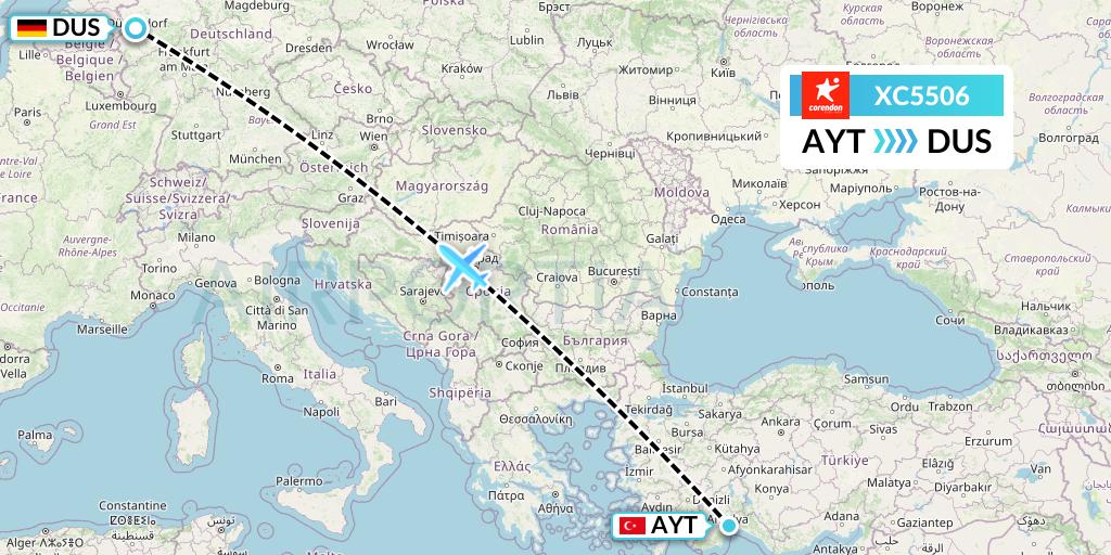 XC5506 Corendon Airlines Flight Map: Antalya to Dusseldorf