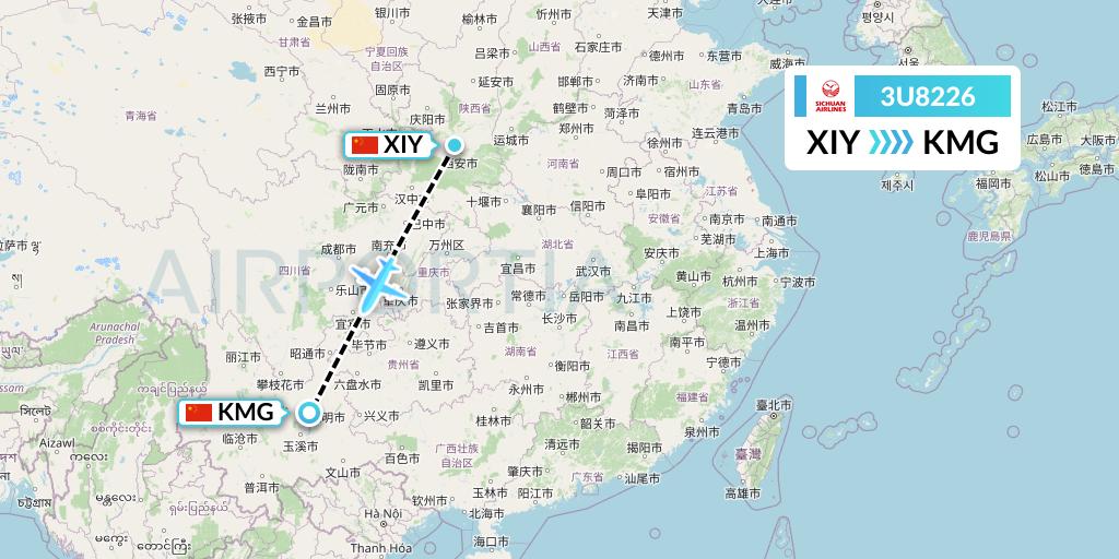 3U8226 Sichuan Airlines Flight Map: Xi'an to Kunming