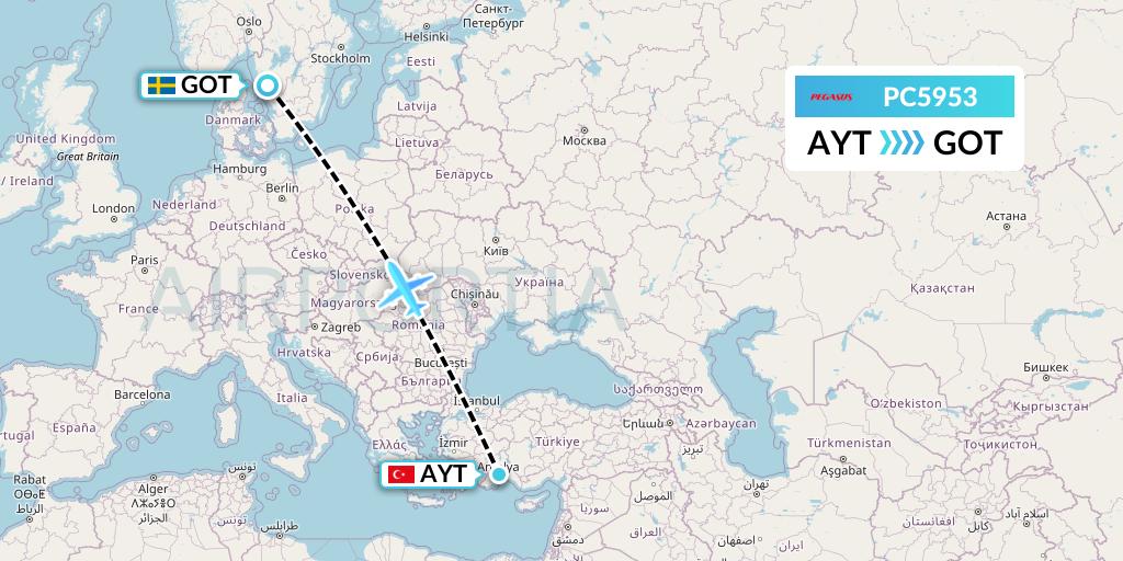 PC5953 Pegasus Airlines Flight Map: Antalya to Gothenburg
