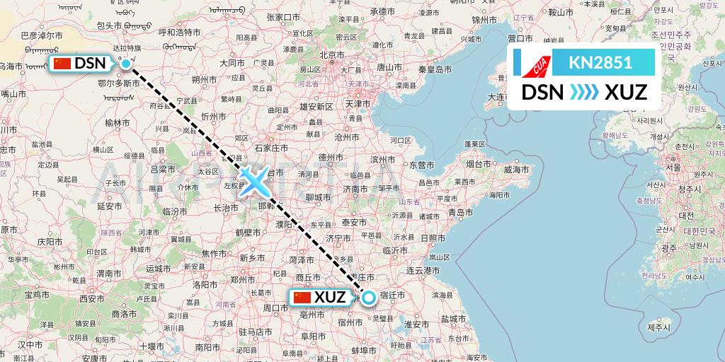 KN2851 China United Airlines Flight Map: Dongsheng to Xuzhou