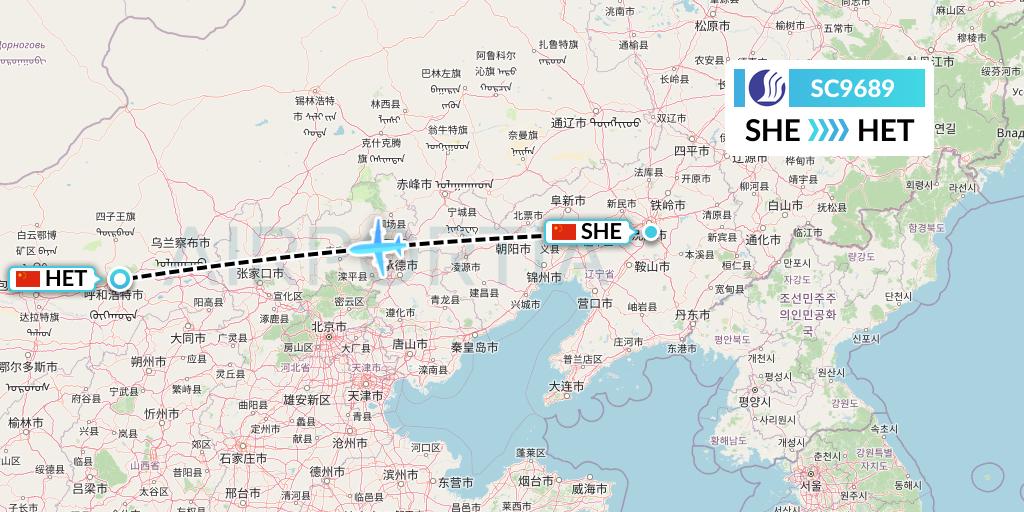 SC9689 Shandong Airlines Flight Map: Shenyang to Hohhot