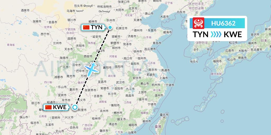 HU6362 Hainan Airlines Flight Map: Taiyuan to Guiyang