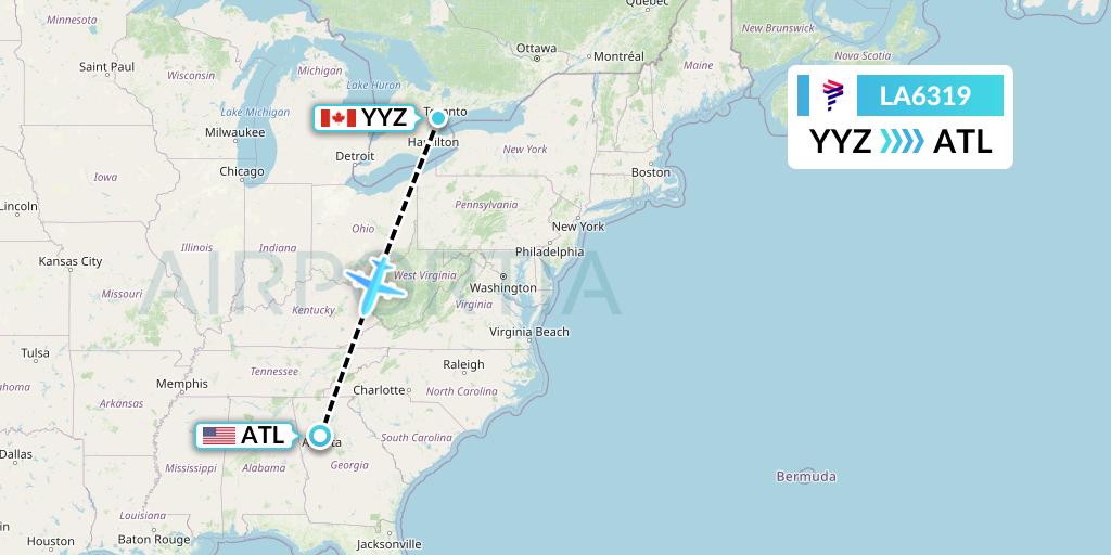 LA6319 LAN Airlines Flight Map: Toronto to Atlanta