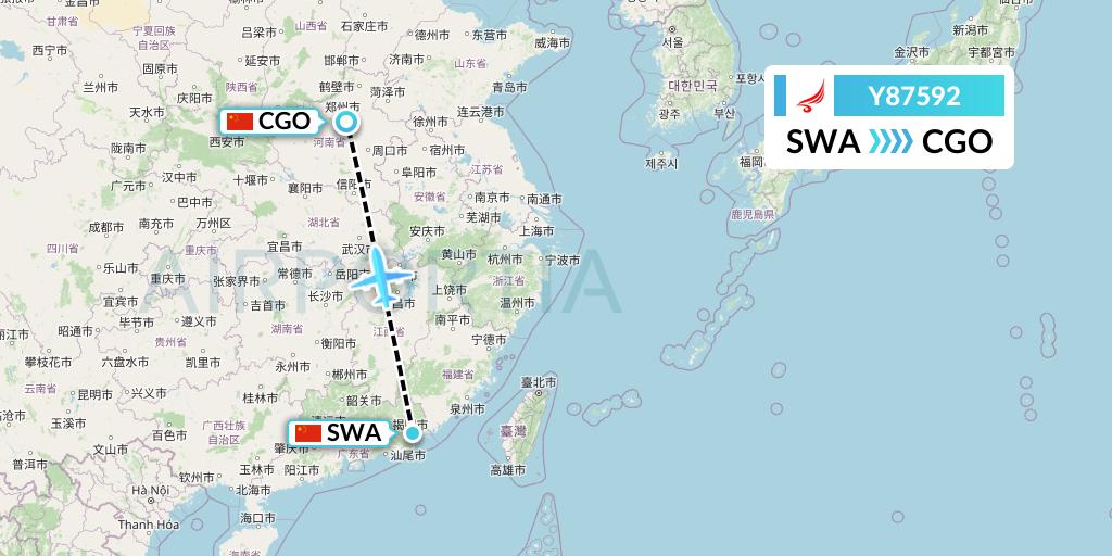 Y87592 Yangtze River Express Flight Map: Jieyang to Zhengzhou