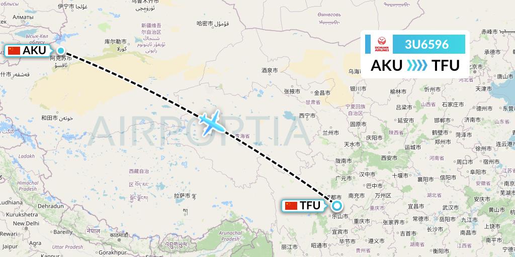 3U6596 Sichuan Airlines Flight Map: Aksu to Chengdu