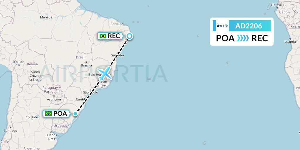 AD2206 Azul Brazilian Airlines Flight Map: Porto Alegre to Recife