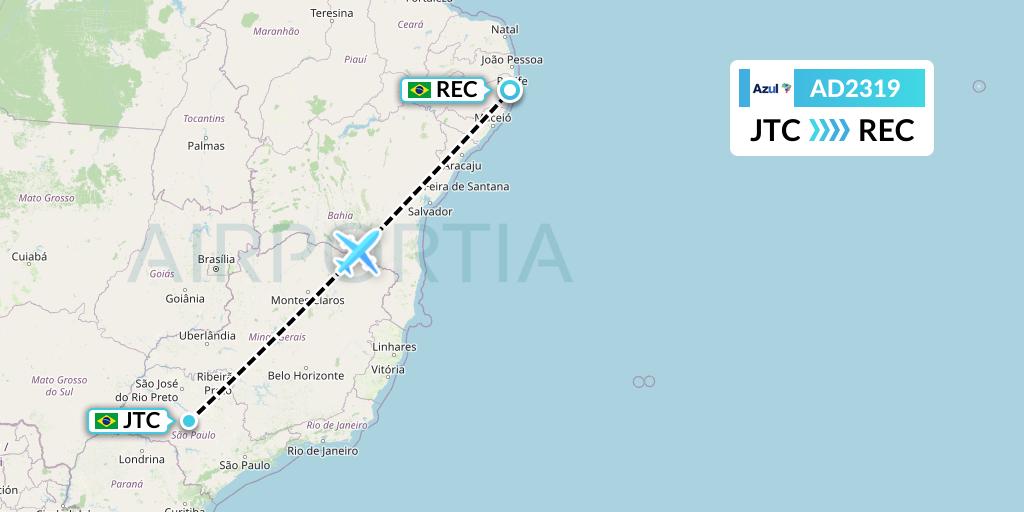 AD2319 Azul Brazilian Airlines Flight Map: Bauru to Recife