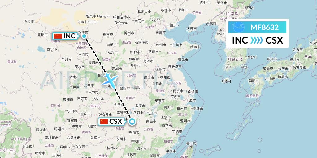 MF8632 Xiamen Airlines Flight Map: Yinchuan to Changsha