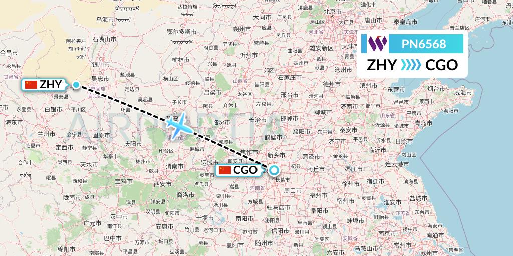 PN6568 China West Air Flight Map: Zhongwei to Zhengzhou