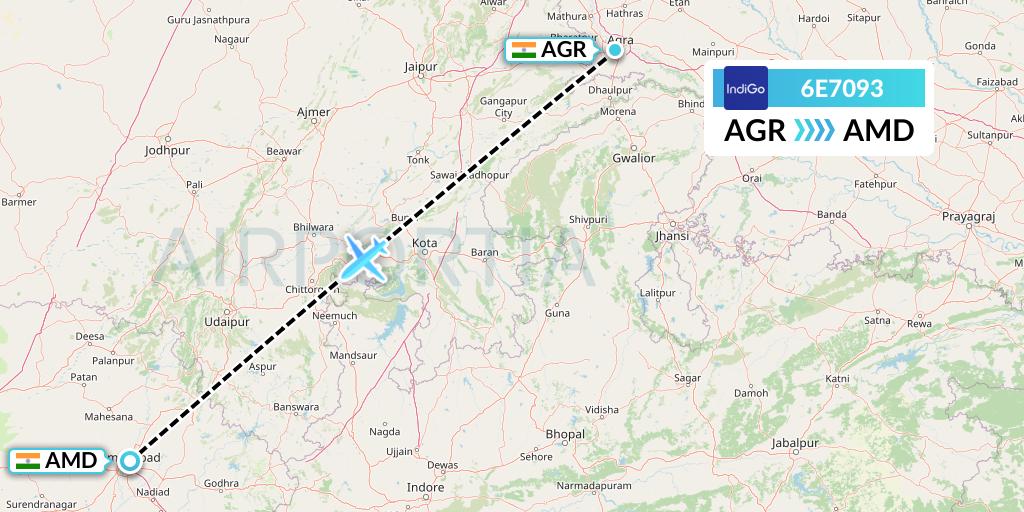 6E7093 IndiGo Airlines Flight Map: Agra to Ahmedabad
