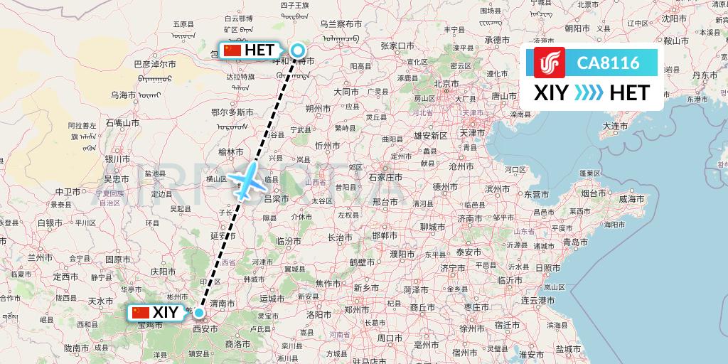 CA8116 Air China Flight Map: Xi'an to Hohhot