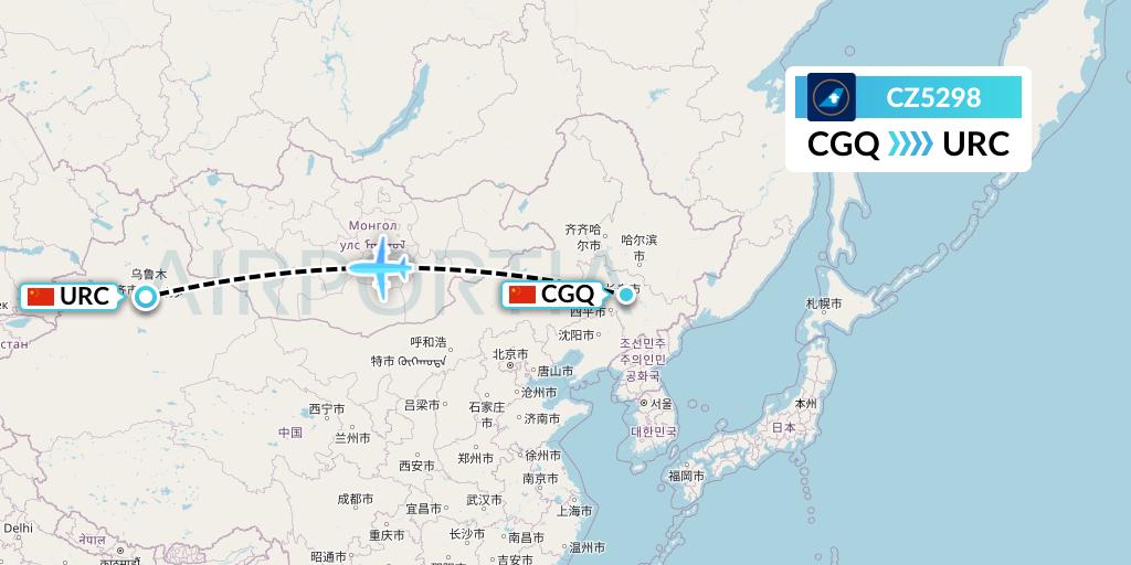 CZ5298 China Southern Airlines Flight Map: Changchun to Urumqi