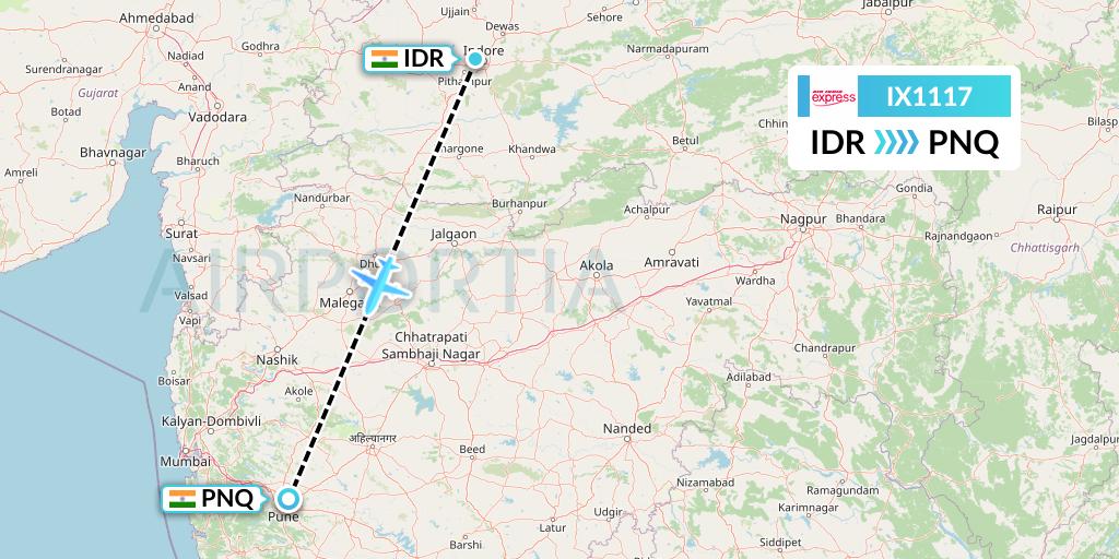 IX1117 Air India Express Flight Map: Indore to Pune