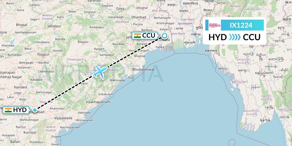 IX1224 Air India Express Flight Map: Hyderabad to Kolkata