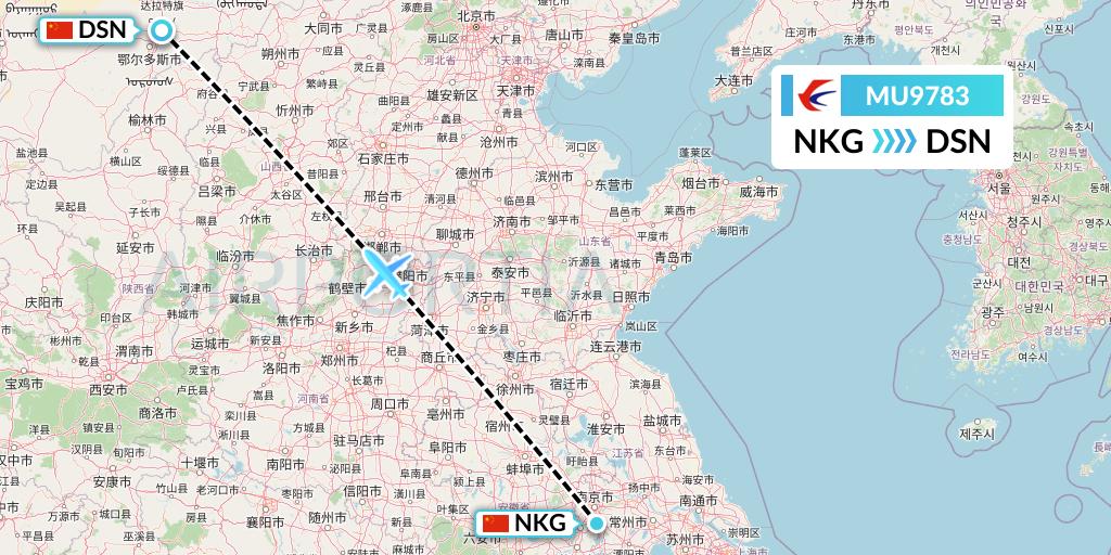MU9783 China Eastern Airlines Flight Map: Nanjing to Dongsheng