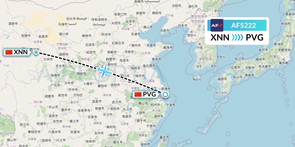 AF5222 Air France Flight Map: Xining to Shanghai