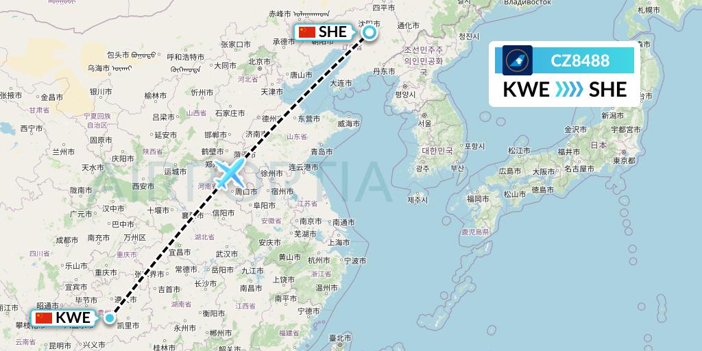 CZ8488 China Southern Airlines Flight Map: Guiyang to Shenyang