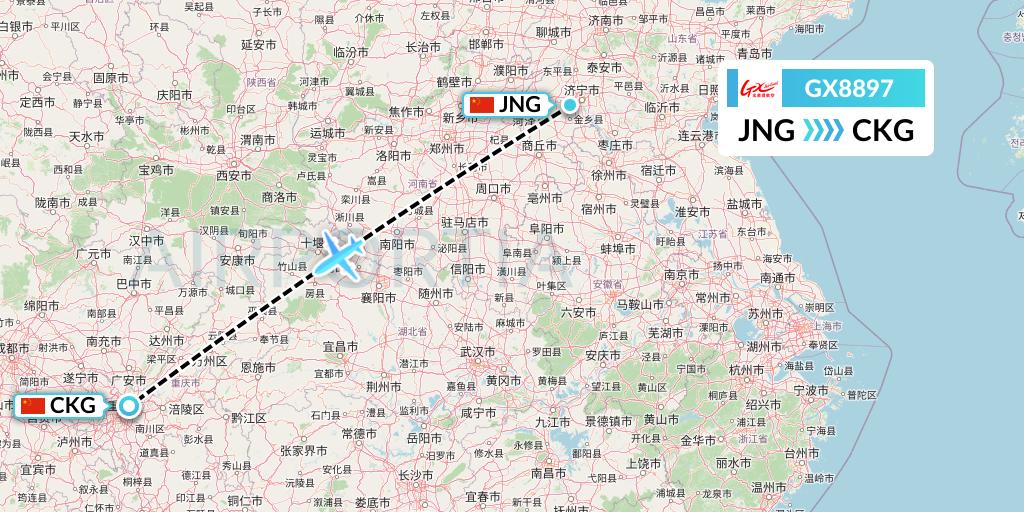 GX8897 GX Airlines Flight Map: Jining to Chongqing