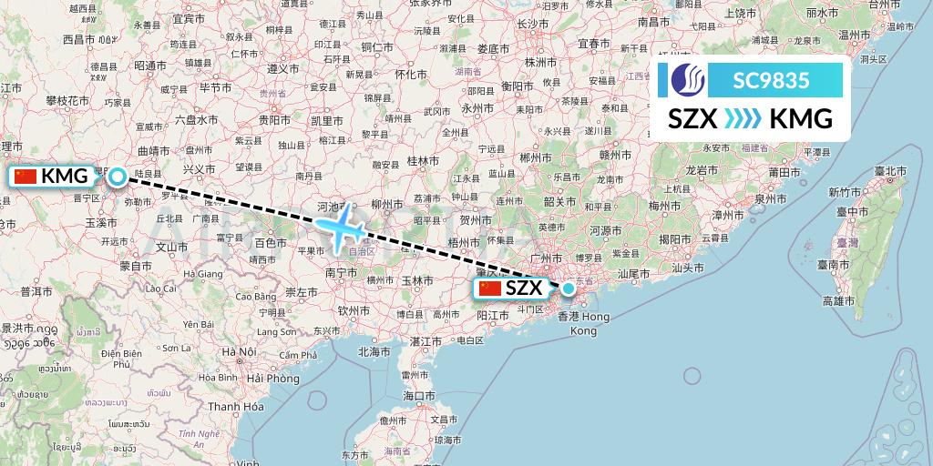 SC9835 Shandong Airlines Flight Map: Shenzhen to Kunming
