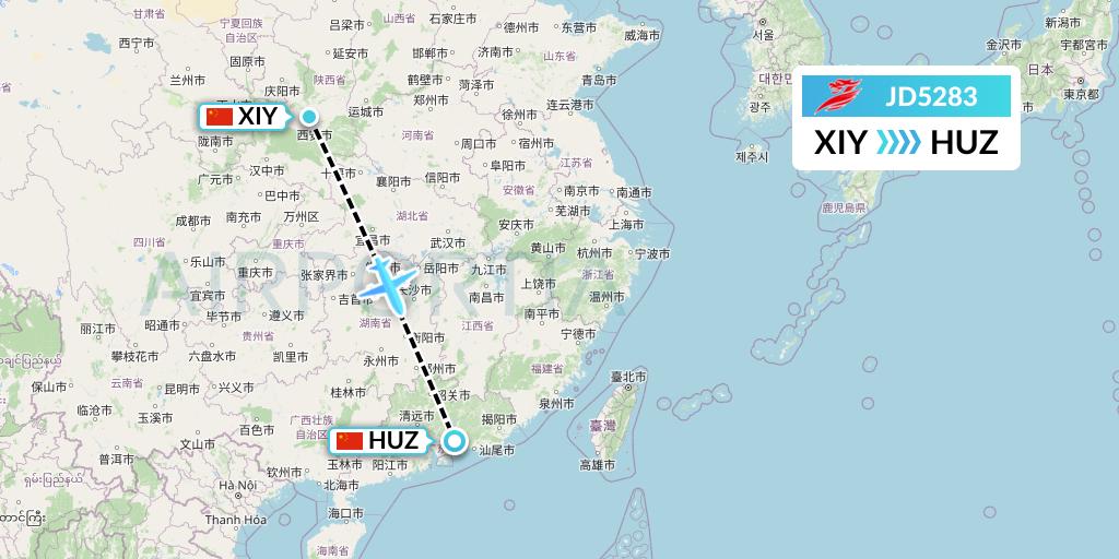 JD5283 Capital Airlines Flight Map: Xi'an to Huizhou