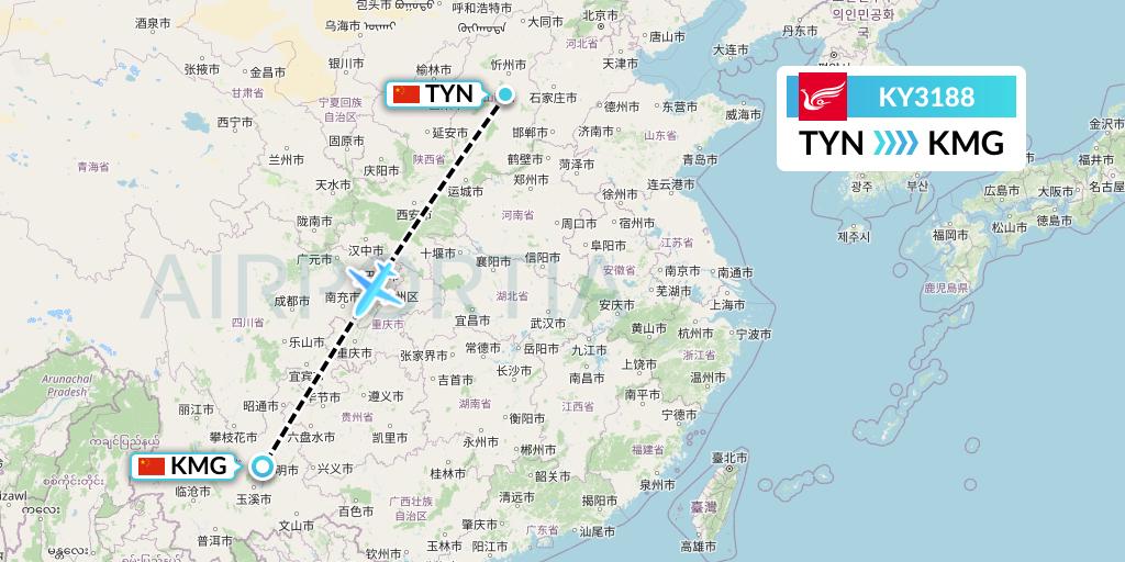 KY3188 Kunming Airlines Flight Map: Taiyuan to Kunming