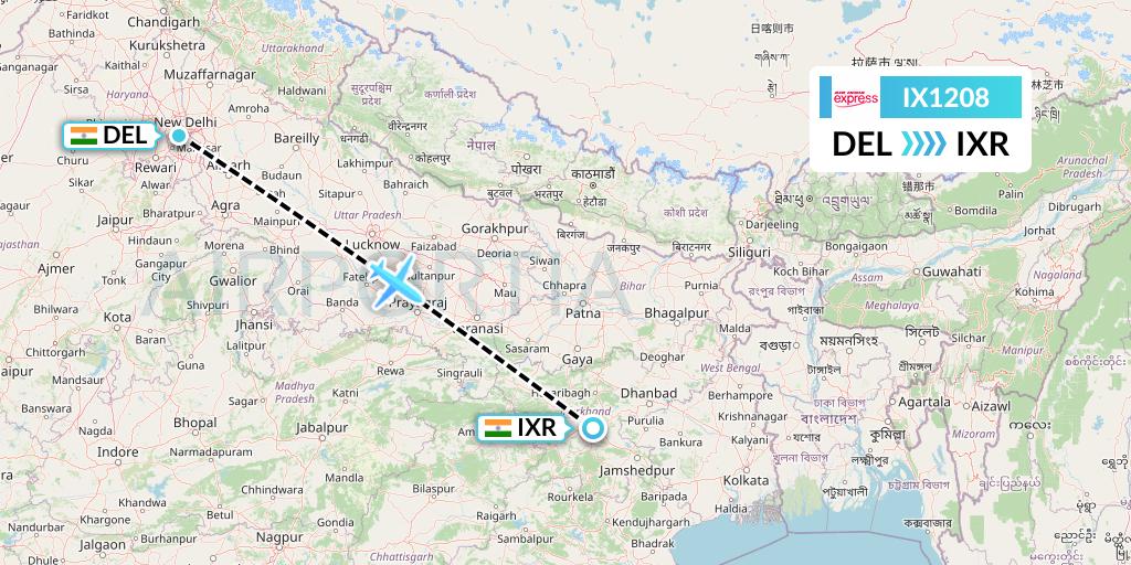 IX1208 Air India Express Flight Map: Delhi to Ranchi
