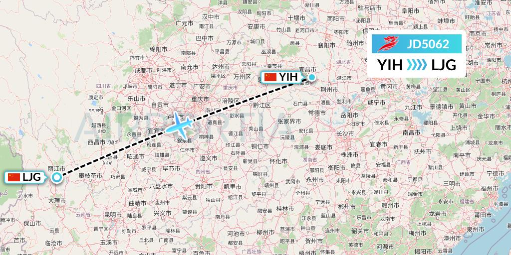 JD5062 Capital Airlines Flight Map: Yichang to Lijiang