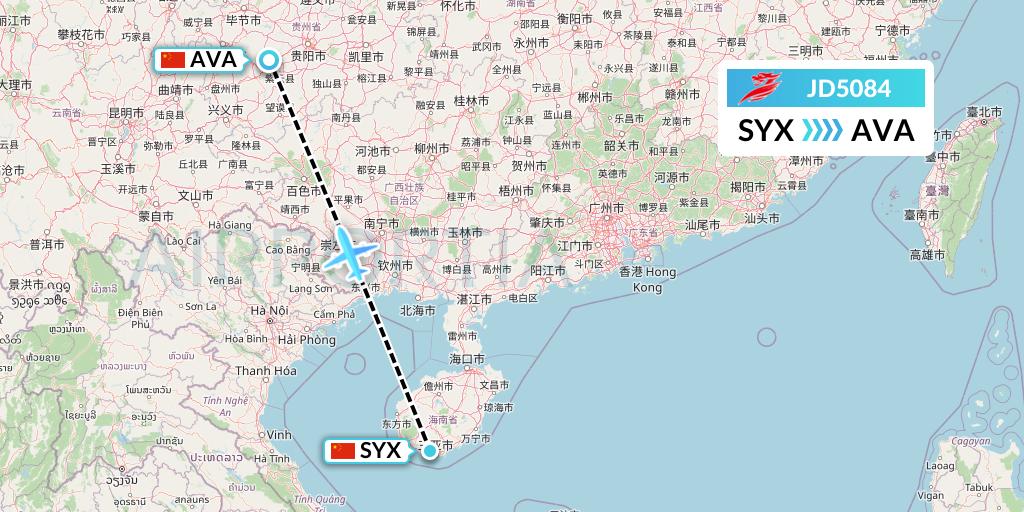 JD5084 Capital Airlines Flight Map: Sanya to Anshun