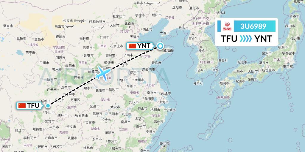 3U6989 Sichuan Airlines Flight Map: Chengdu to Yantai