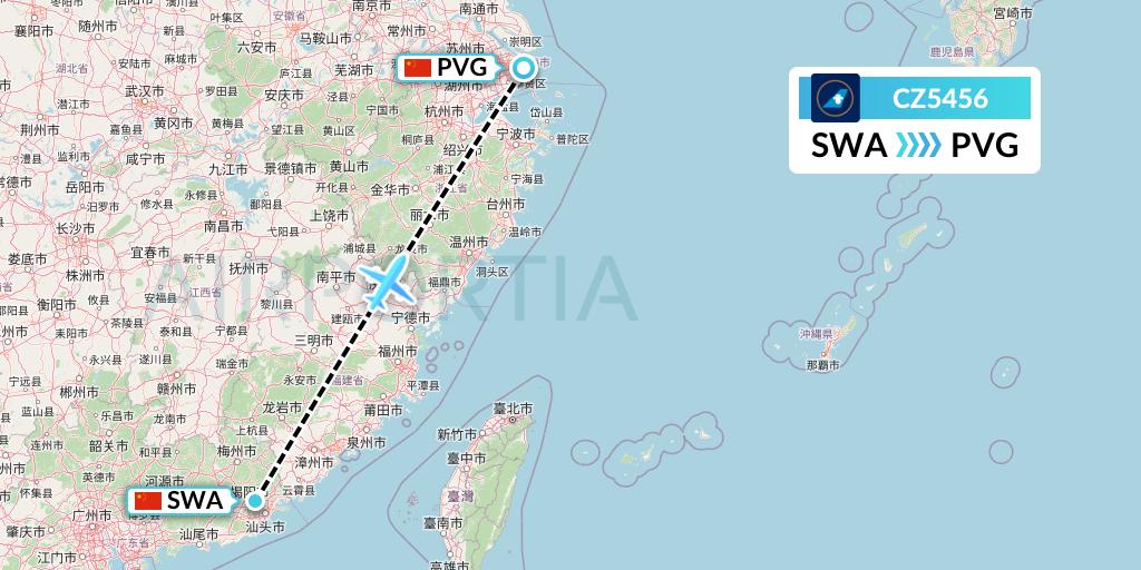 CZ5456 China Southern Airlines Flight Map: Jieyang to Shanghai