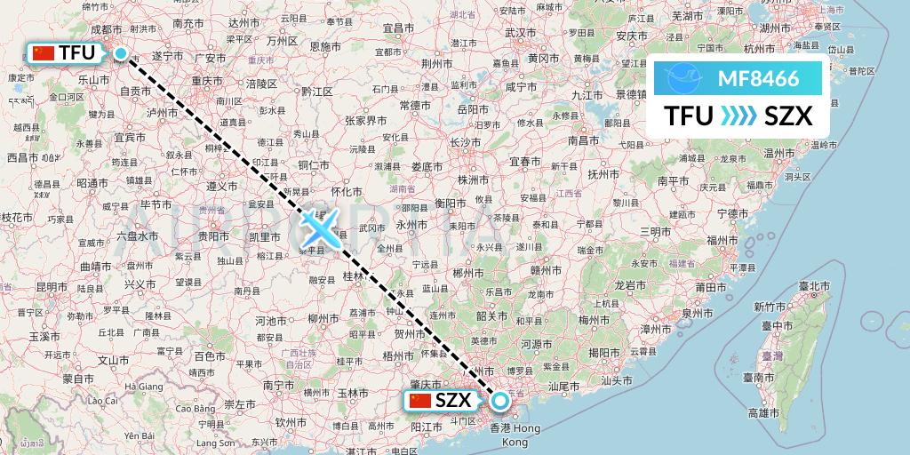MF8466 Xiamen Airlines Flight Map: Chengdu to Shenzhen