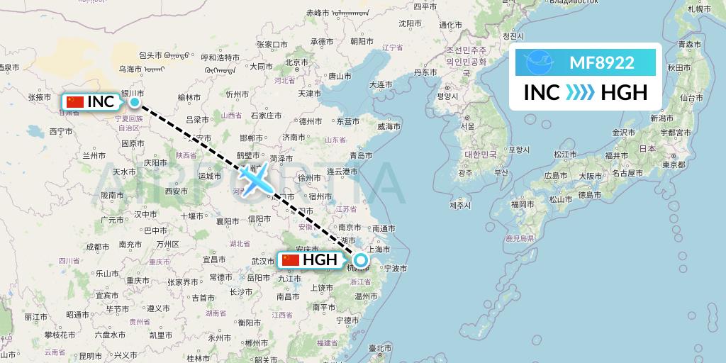 MF8922 Xiamen Airlines Flight Map: Yinchuan to Hangzhou
