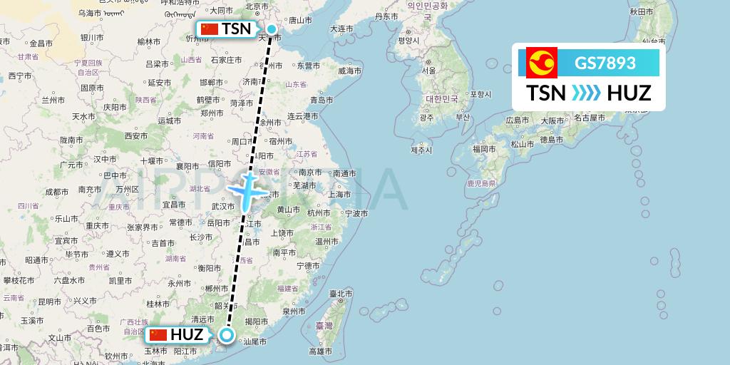 GS7893 Tianjin Airlines Flight Map: Tianjin to Huizhou