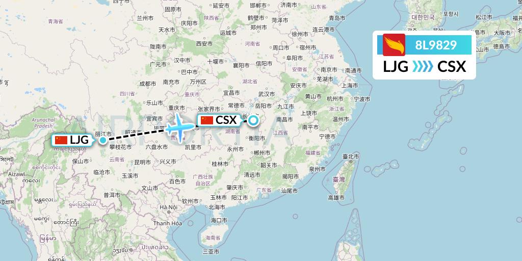 8L9829 Lucky Air Flight Map: Lijiang to Changsha