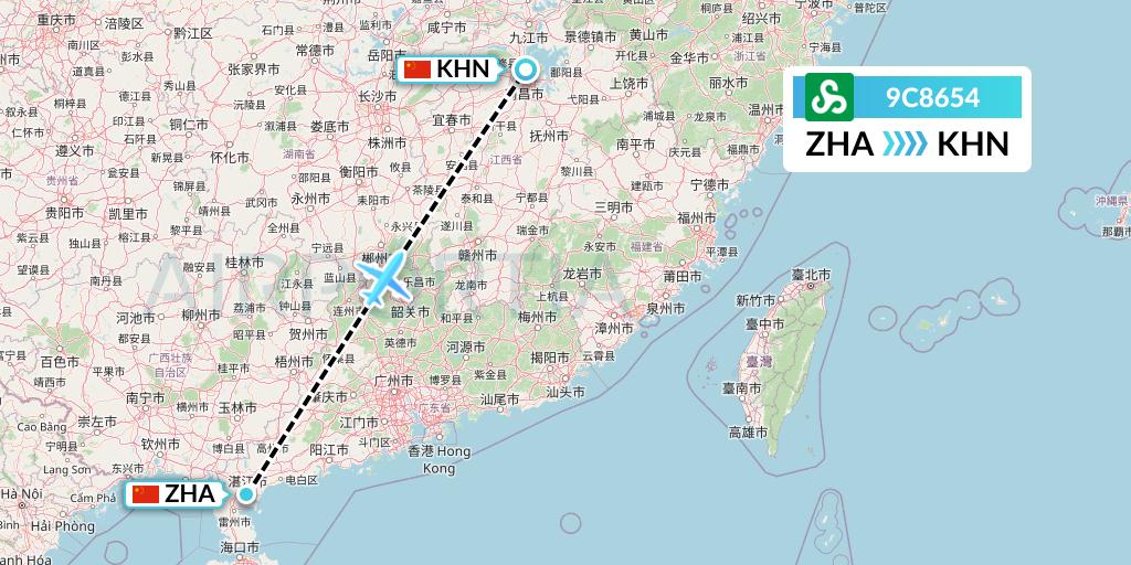 9C8654 Spring Airlines Flight Map: Zhanjiang to Nanchang