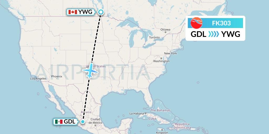 FK303 Kelowna Flightcraft Air Flight Map: Guadalajara to Winnipeg
