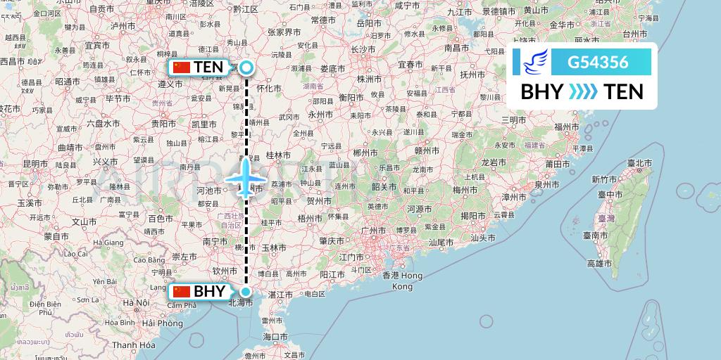 G54356 China Express Airlines Flight Map: Beihai to Tongren