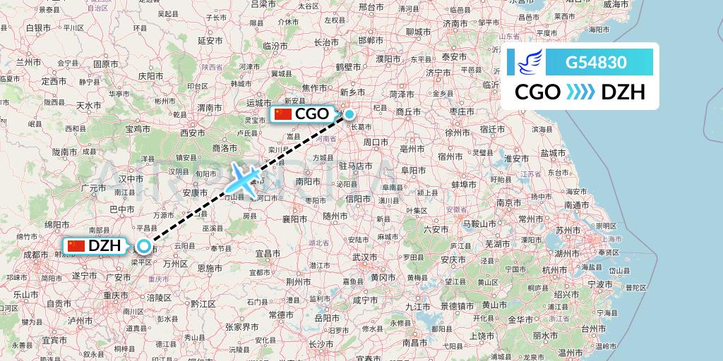 G54830 China Express Airlines Flight Map: Zhengzhou to Dazhou