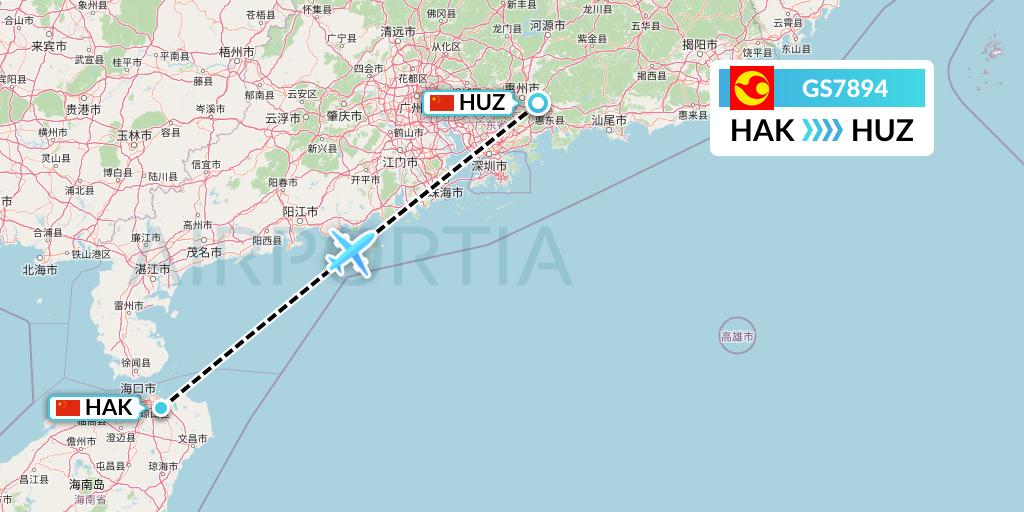 GS7894 Tianjin Airlines Flight Map: Haikou to Huizhou