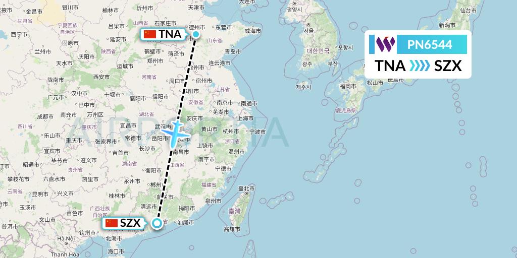 PN6544 China West Air Flight Map: Jinan to Shenzhen