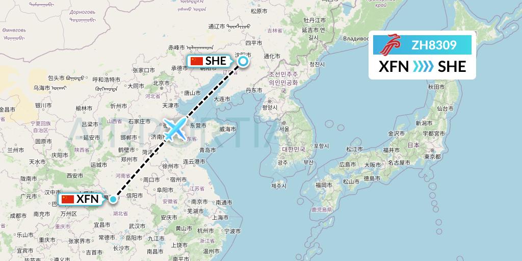 ZH8309 Shenzhen Airlines Flight Map: Xiangyang to Shenyang