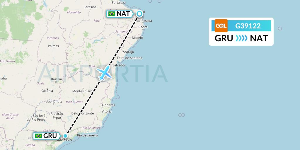 G39122 GOL Transportes Aeros Flight Map: Sao Paulo to Natal
